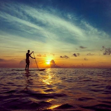 Young man stand-up paddleboarding during a beautiful sunrise in Mexico